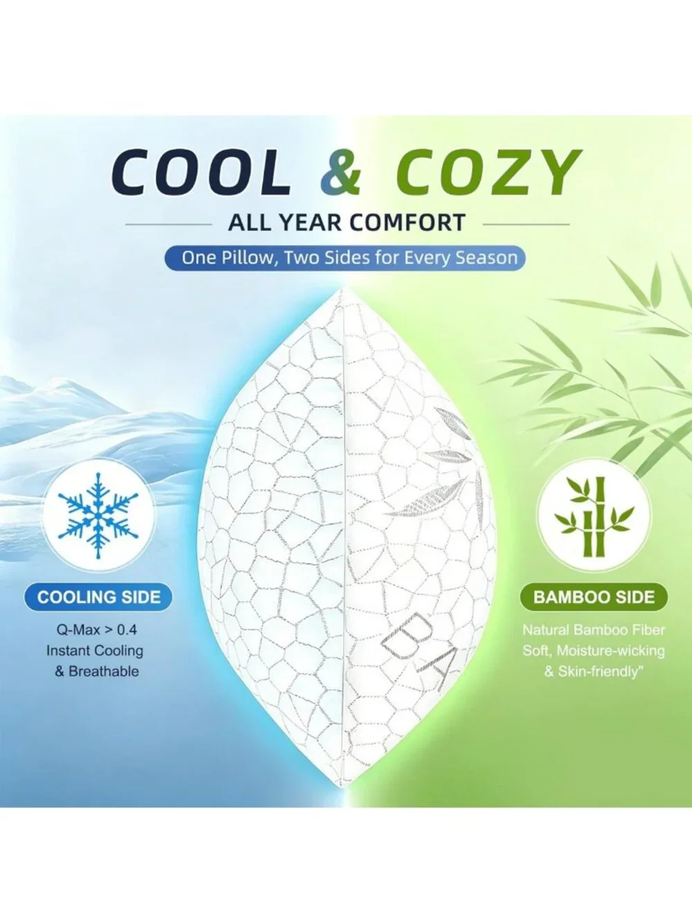 Cooling Shredded Memory Foam Pillows Set of 2 - Queen Size, Bamboo Cover